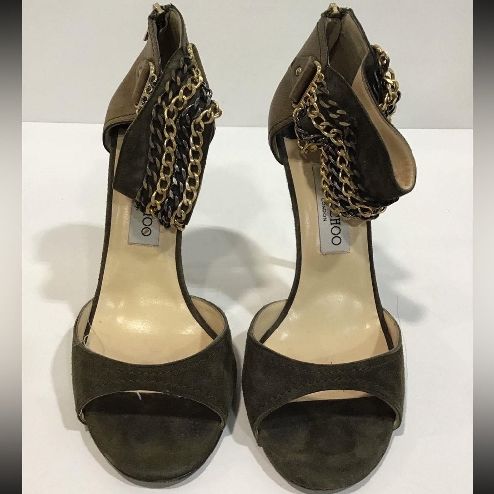 Women’s Jimmy Choo Olive Green Leather Chain Ankle Strap Detail Heels Size 40.5